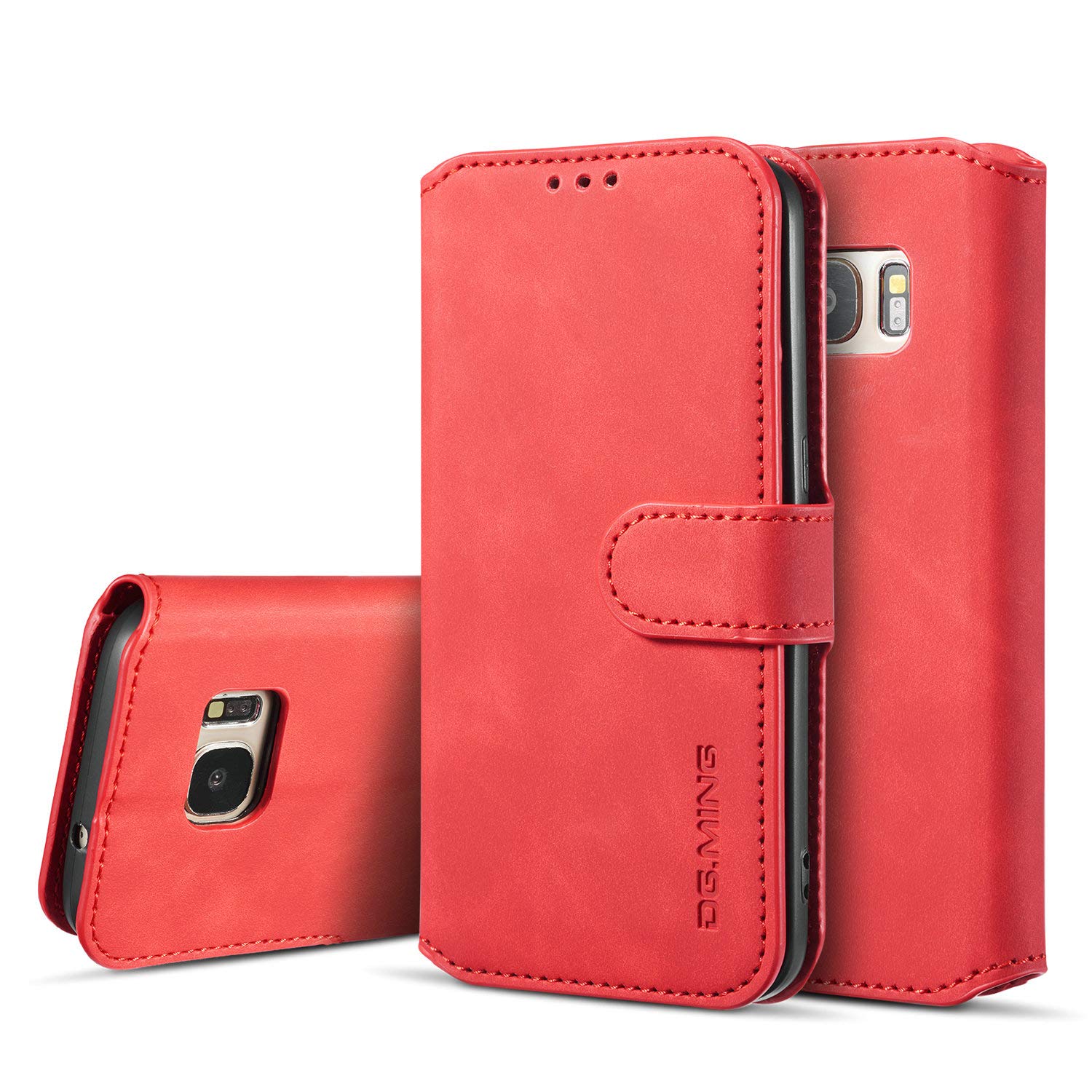 UEEBAI PU Leather Case for Samsung Galaxy S7, Vintage Retro Premium Wallet Flip Cover TPU Inner Shell [Card Slots] [Magnetic Closure] Stand Function Folio Shockproof Full Protection - Red