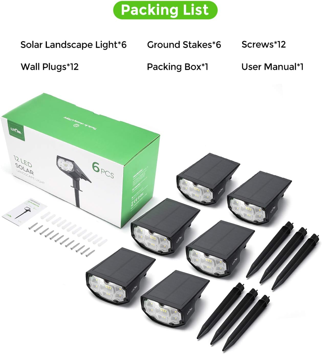 LITOM 12 LEDs Solar Landscape Spotlights, IP67 Waterproof Solar Powered Wall Lights 2-in-1 Wireless Outdoor Solar Landscaping Light for Yard Garden Driveway Porch Walkway Pool Patio 6 Pack Cold White - - 