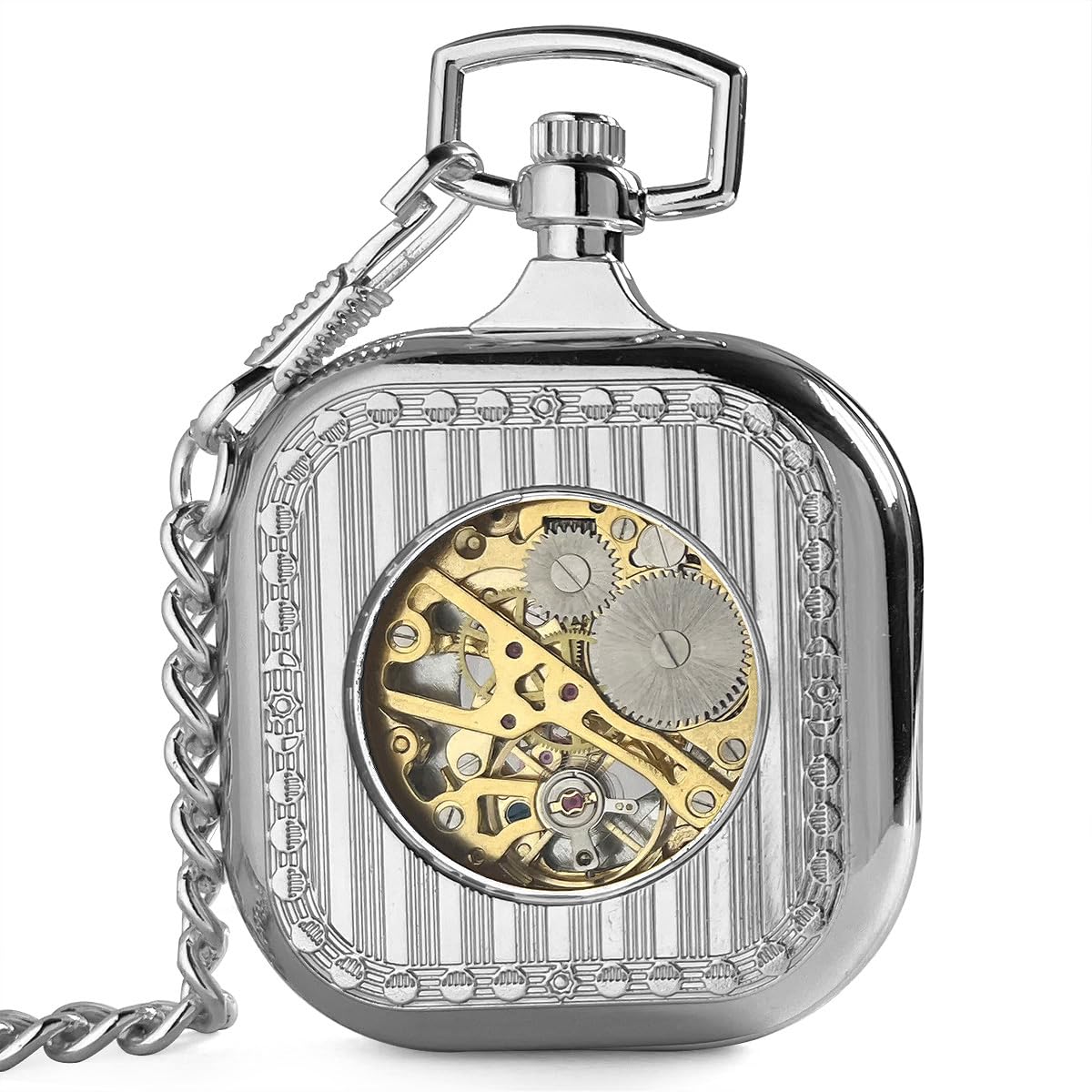VIGOROSO Mens Classic Steampunk Pocket Watch with Chain Skeleton Hand Wind Mechanical Pocket Watches for Men & Women