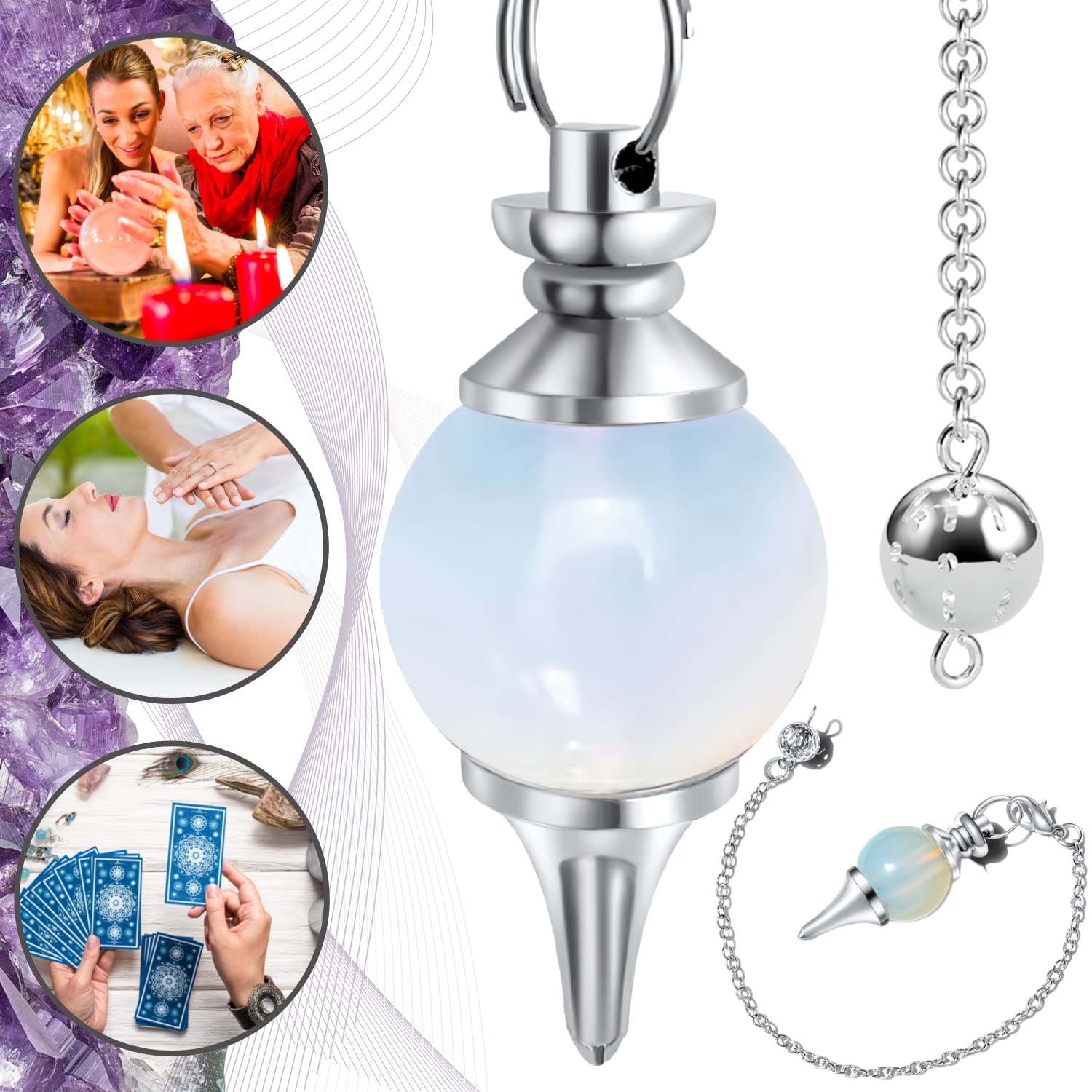 Majestic's Opaline Moonstone Pendulum, 14g, Divinatory Hardware, White, with Detachable Chain and Black Pouch