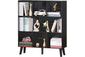 YAHARBO 8 Cube Bookshelf,3 Tier Bookcase with Legs,Black Mid-Century Modern Bookshelves,Large Free Standing Open Storage Organizer Shelf,Tall Wooden Book Case Furniture for Bedroom,Living Room,Office