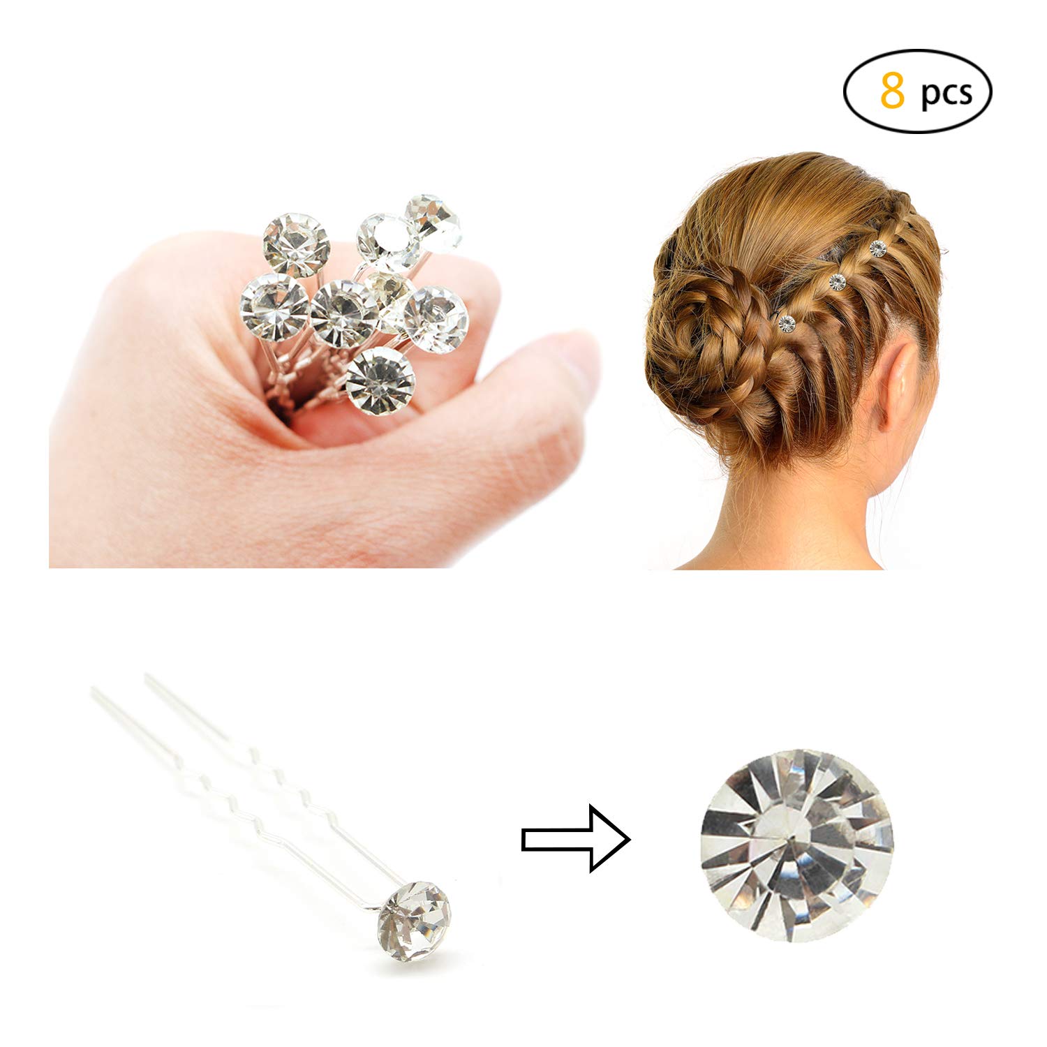 Dofash 8pcs Wedding Bridal Clear Crystal U-shaped Hair Pins Hair Clips Bobby Pins(8pcs packed in 5x8CM Pink-box)