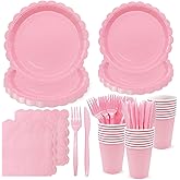 144PCS Light Pink Plates and Napkins, Pink Birthday Party Supplies Scalloped Paper Plates Napkins Cups Tableware Set Light Pink Disposable Dinnerware for Wedding Bridal Baby Shower Decoration Serve 24
