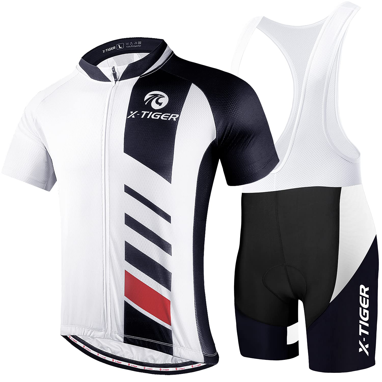 X-TIGER Men's Cycling Suit Short Sleeve Jersey with 5D Gel Padded Bib Shorts Combo Set Quick Dry Breathable MTB Shirt Cycling Bottoms Racing Clothes (Black and White, 3XL)