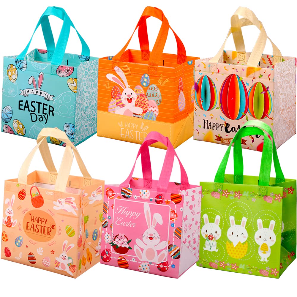 6 Pack Easter Tote Bags with Handles, Non-Woven Reusable Gift Bags for Bunny Easter Egg Hunt Party Favors