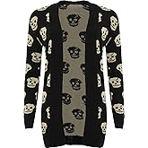 Girlzwalk Women's Ladies Knitted Skull Pattern Print Long Sleeve Open Cardigan