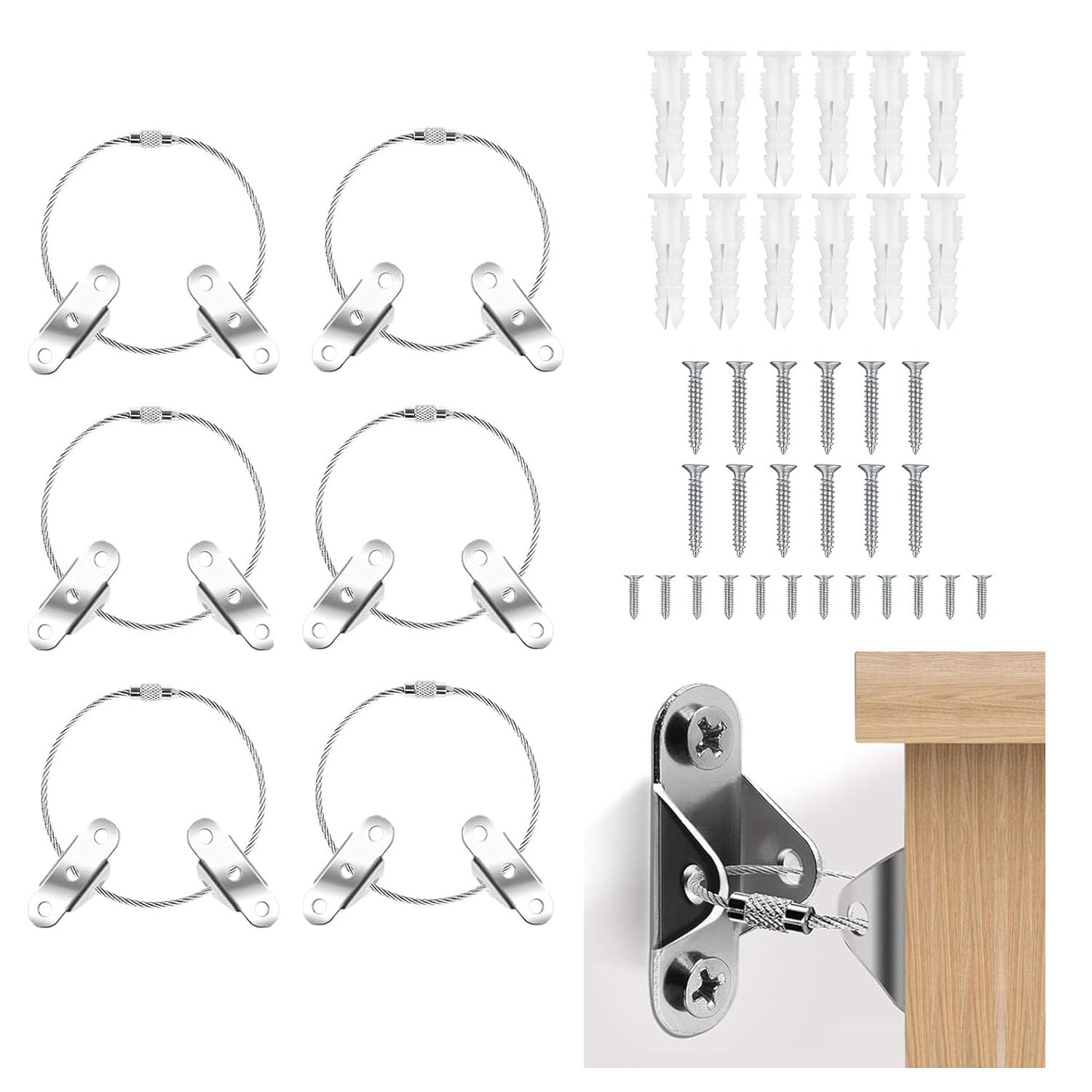 6 Piece Child Safety Furniture Anchor Kit Heavy Duty Anti Tip Straps with Metal Wall Mounts Secure Fasteners for Bookshelves Cabinets Dressers and Wardrobes Baby Proofing Home Security Solution