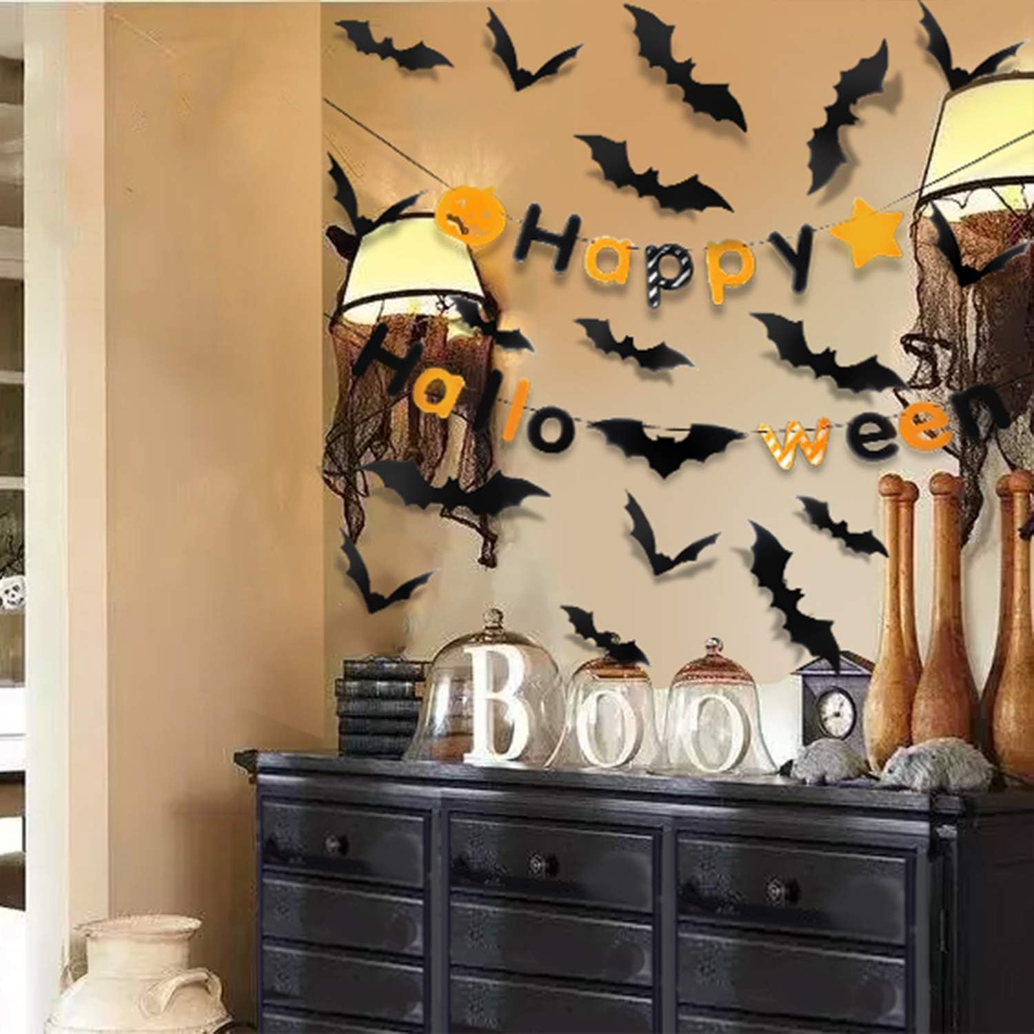 PTG Halloween Indoor Party Supplies,Happy Halloween Banner（1Pcs）& 3D Decoration Scary Bats Wall Decal Wall Sticker(60Pcs): Kitchen & Dining