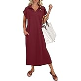 ANRABESS Womens Summer Casual Midi Dresses Short Sleeve Polo V Neck Loose Split Wrinkle-Free Beach Vacation Tshirt Maxi Dress