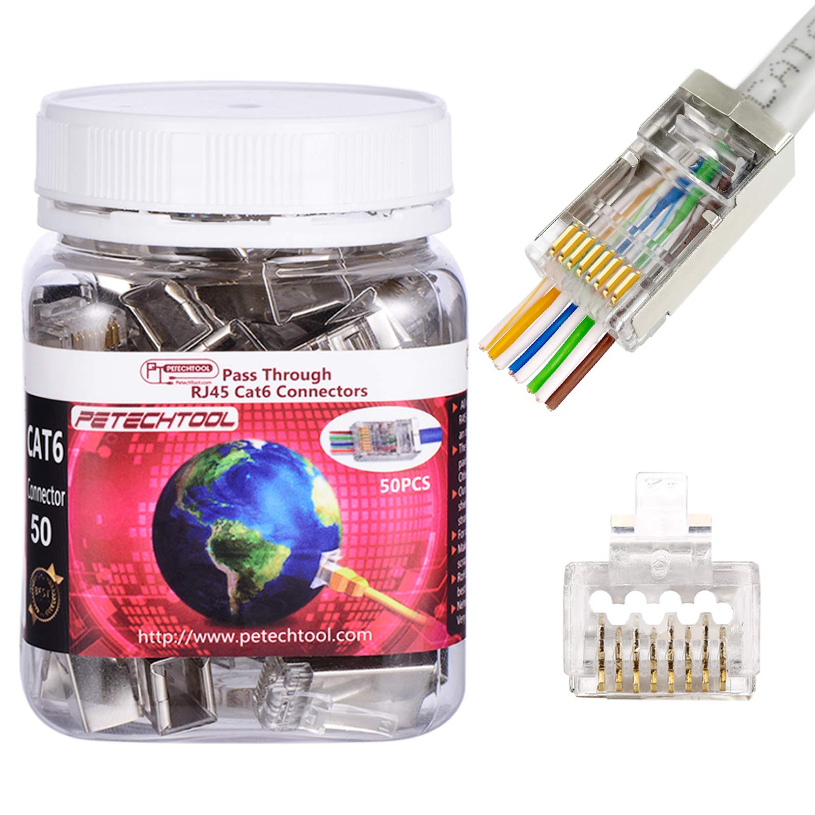 PETECHTOOL RJ45 Cat6 Cat6a Connector 23AWG Pass Through Shielded Ethernet End 8P8C Gold Plated Plug for Solid and Standard Cables