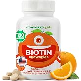 VitaWorks Kids Biotin Chewable Tablets 5000mcg, Hair Skin Nails, 120 Count | Supports Healthy Hair Growth, Strong Nails &amp; Glowing Skin | Vegan, Kosher &amp; Halal, Gluten &amp; Nut Free, Made in USA