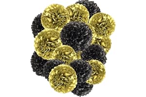 Capesaro Gold and Black Paper Pom Poms - 10",12" Tissue Decorations for Party Hanging Decor - 12 Piece Set