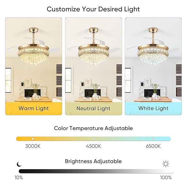 STYLORAVIVE 42″ FANDELIER CEILING FAN WITH LIGHT, CRYSTAL RETRACTABLE CEILING FAN WITH LIGHTS AND REMOTE, CHANDELIER FANS FOR BEDROOM LIVING ROOM, REVERSIBLE DC MOTOR, DIMMABLE, 6 SPEEDS -GOLD