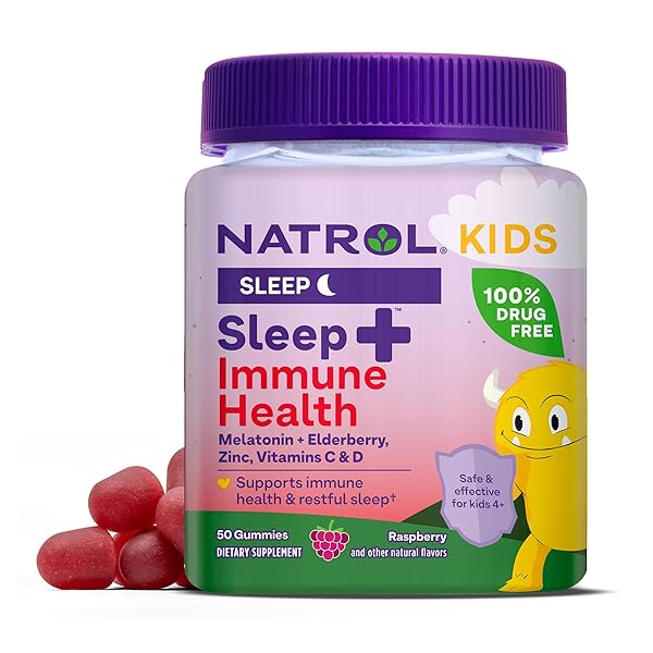 NATROL KIDS SLEEP+ IMMUNE HEALTH GUMMIES WITH MELATONIN, ZINC, VITAMIN C AND D, ELDERBERRY, 50 RASPBERRY FLAVORED MELATONIN AND IMMUNE HEALTH GUMMIES, 50 DAY SUPPLY