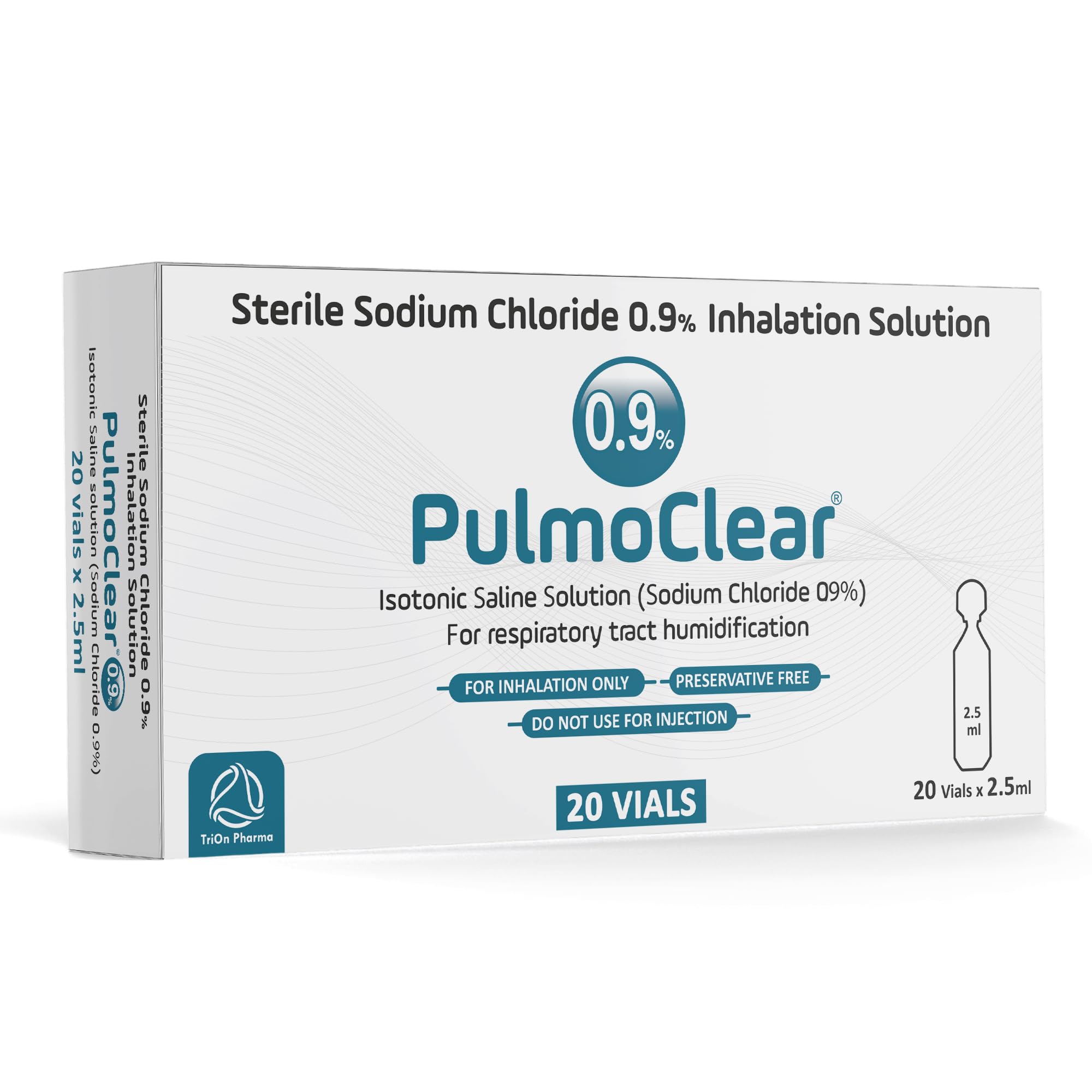 PULMOCLEAR Sterile Isotonic 0.9% Sodium Chloride - NaCl Inhalation Sterile Saline Solution for Airway Humification โ 20 X 2.5 ml Unit Dose Vial, Pharmaceutical Grade