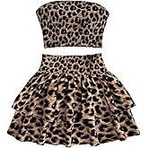 SHENHE Girl's Summer 2 Piece Outfits Leopard Print Crop Tube Top and Layered Ruffle Skirt Set