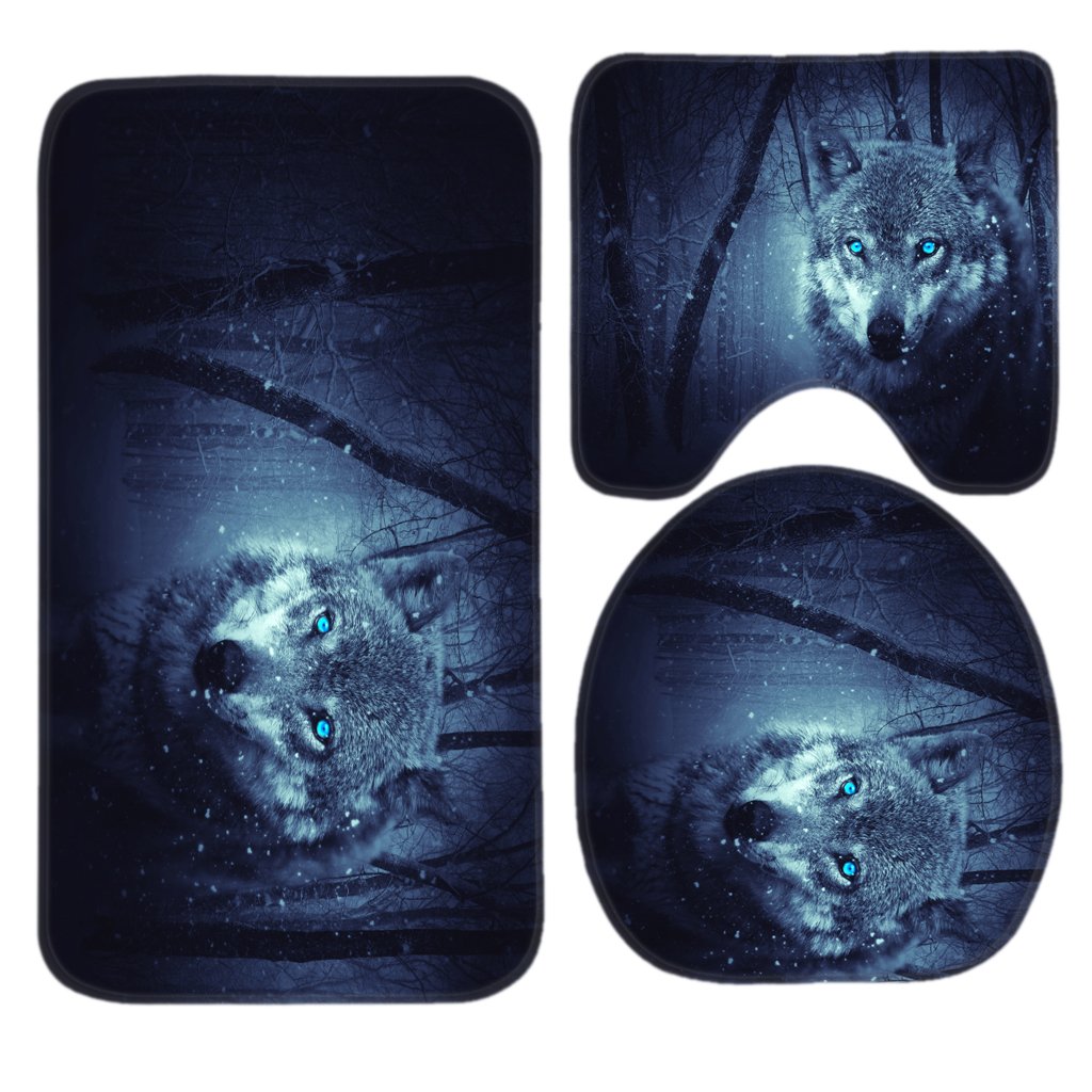 SSOIU 3 Piece Bath Mat Set Wolf Forest Tree Snow Non-Slip Bathroom Mats Contour Toilet Cover Rug