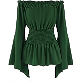 FEOYA Women's Renaissance Blouse Long Sleeve Off Shoulder Shirt Ruffle Trumpet Smocked Tops Victorian Pirate Peasant Costume
