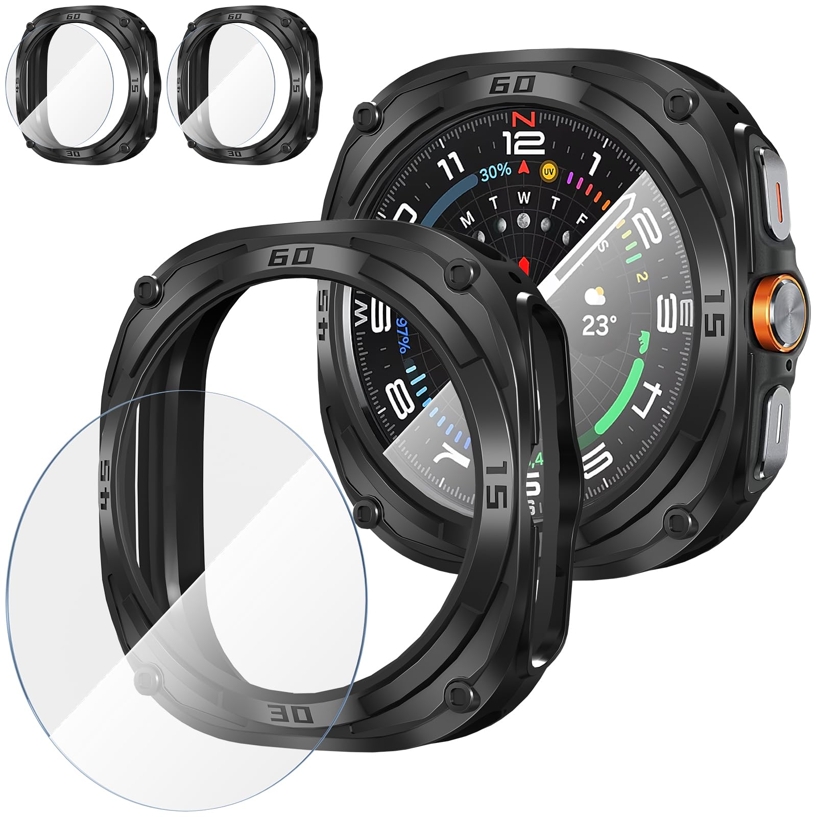 Suoman 2+2 Pack for Samsung Galaxy Watch 7/8 Ultra 47mm (2024/2025) Case, HD Tempered Glass Screen Protector, All-Round TPU Protective Cover Bumper-Black+Black