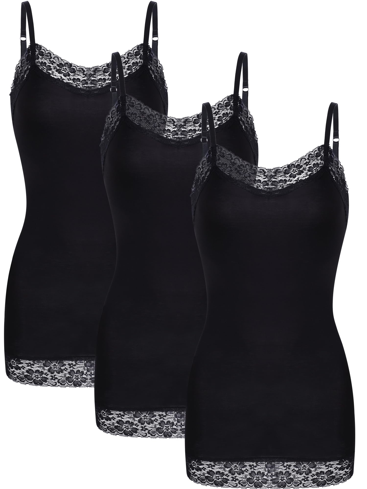 Photo 1 of 3 Pcs Women Long Camisoles Lace Tank Tops Neck Cami Adjustable Spaghetti Strap Lace Trim Tank Top for Women Wearing(Black, L)