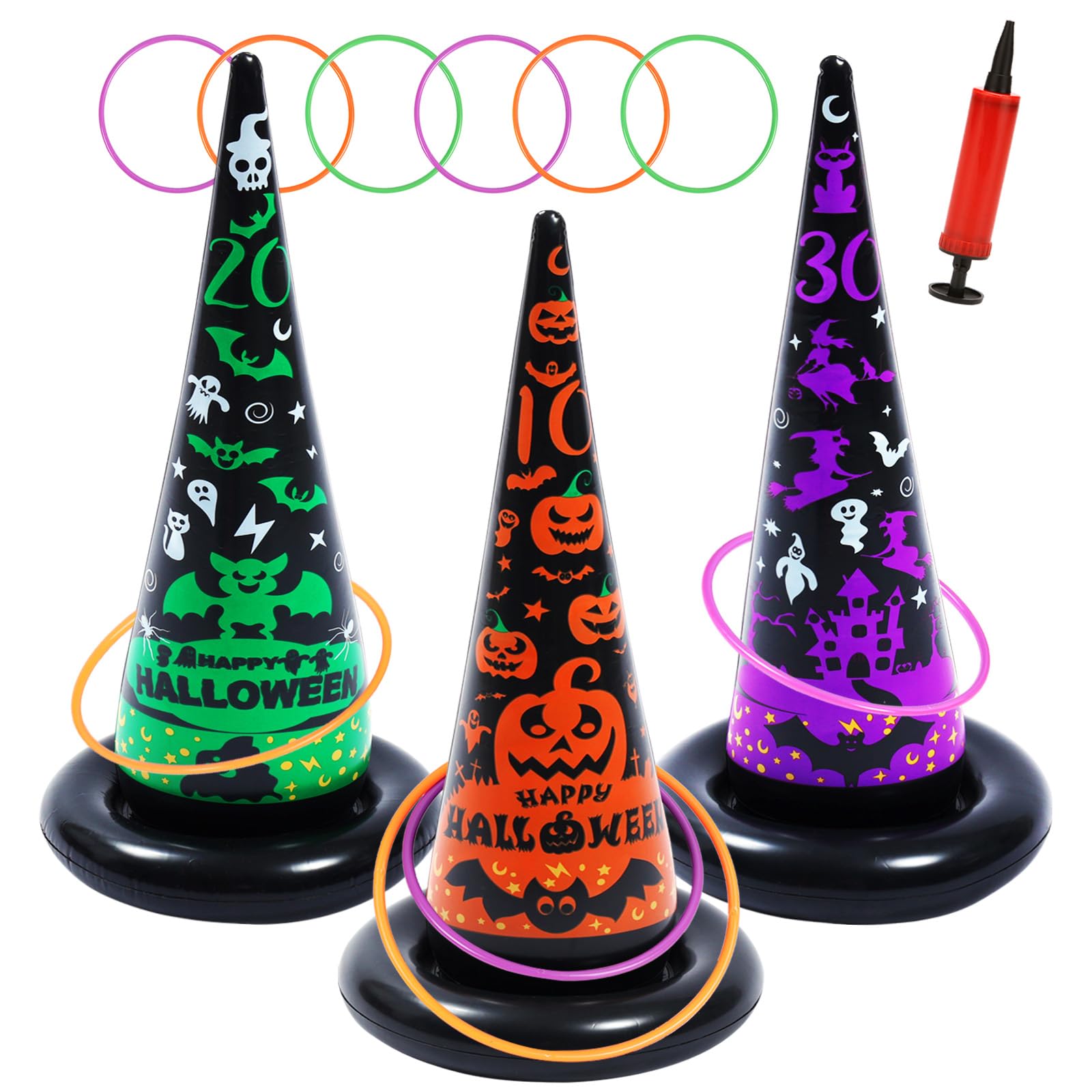 Photo 1 of 10PCS Halloween Games Inflatable Witch Hat Ring Toss Game, Halloween Games Party Favors with 6 Rings and Pump Decorations Gifts