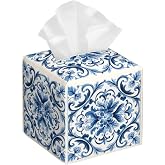 Edafol Blue Flower Paisley Tissue Box Cover Square PU Leather Waterproof Tissue Box Holder for Car Bathroom Bedroom Office Tabletop Decor