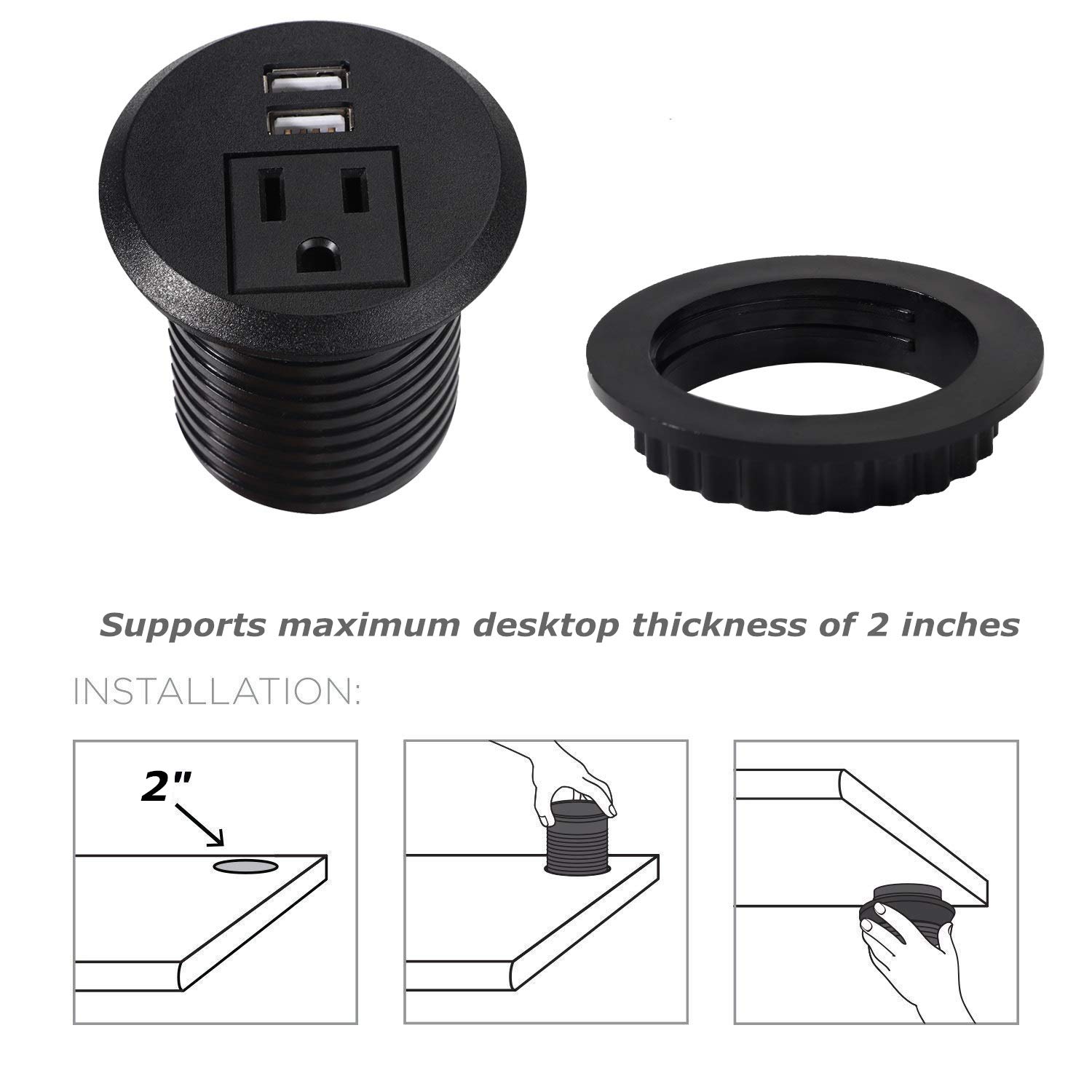 BTU Desktop Mini Power Grommet Power Outlet Socket,2 inch Hole Desk Grommet Outlet Recessed Power Socket with 1 AC Outlets and 2 USB Charging Ports and 7 FT Power Extension Cord