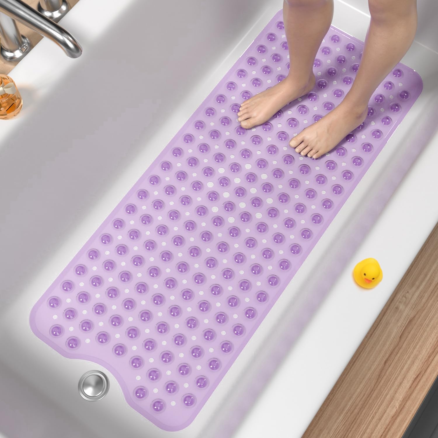 HITSLAM Non Slip Bath Mat for Tub, 101 x 40cm Extra Long Shower Mat Anti Mould, Machine Washable Bathroom Bathtub Mat with Suction Cups and Drain Holes, Soft on Feet, Clear Purple — image 1