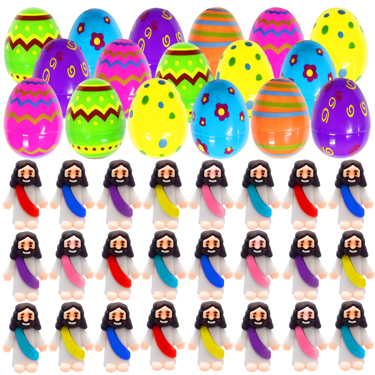 Cherislpy 24 Pcs Prefilled Easter Eggs with Mini Jesus Figurines Resin Toys Great for Kids Girls Boys Toddlers Easter Egg Hunt Fillers Easter Basket Stuffers Party Favors Gifts
