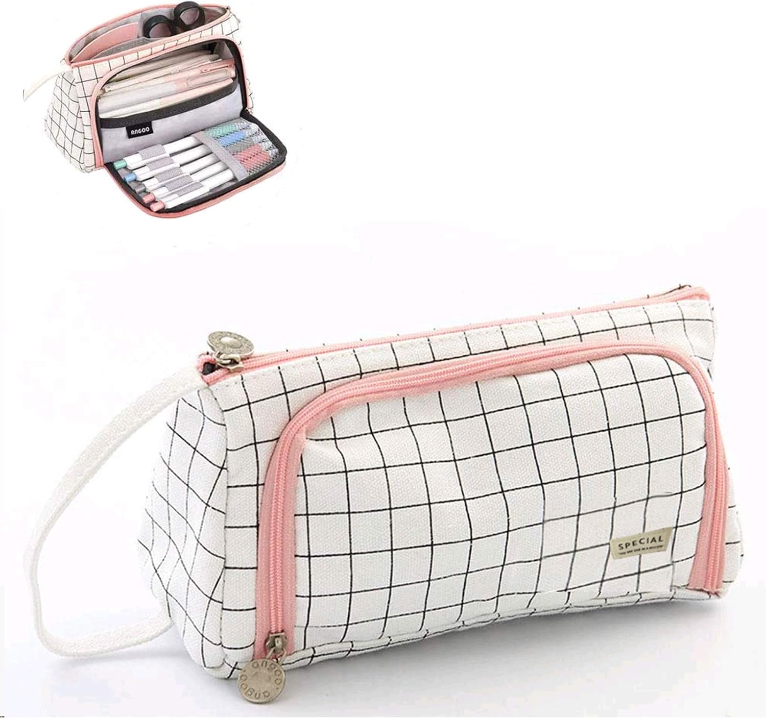 ManLee Large Pencil Case Big Capacity Pencil Pen Pouch Bag Holder Portable Canvas Stationery Makeup Bag with Zipper Handle for Student Teens Girls Children's Day Gifts School (Pink and White)