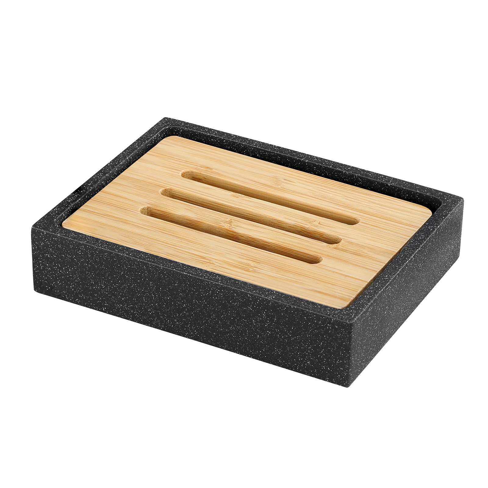 Luxspire Resin Soap Dish, Soap Holder with Bamboo Board, Double Layer Storage Tray for Candle, Bathroom, Kitchen, and Toilet - Black Sand