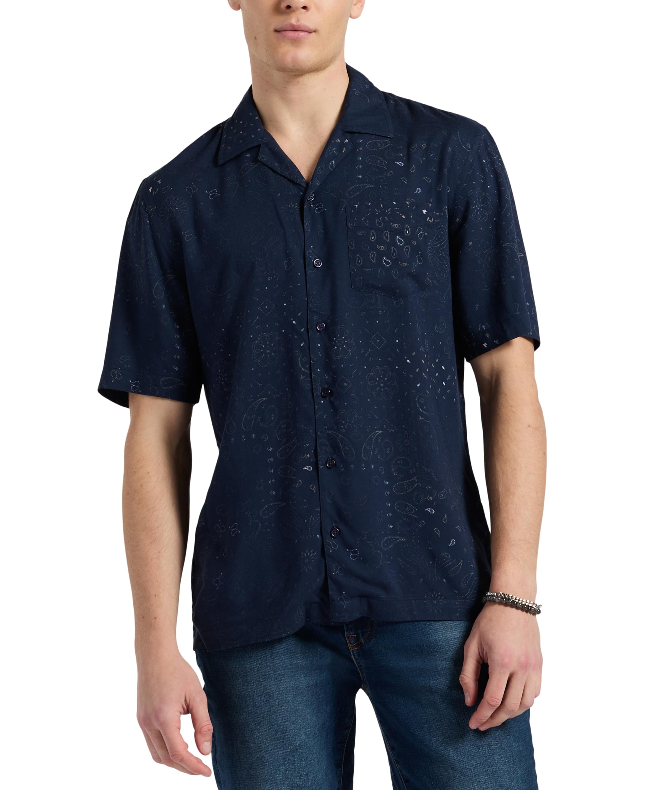 Buffalo David Bitton Men’s Short Sleeve Cloud Drape Soft Weave Button Down, Whale Mixed Paisley, Large
