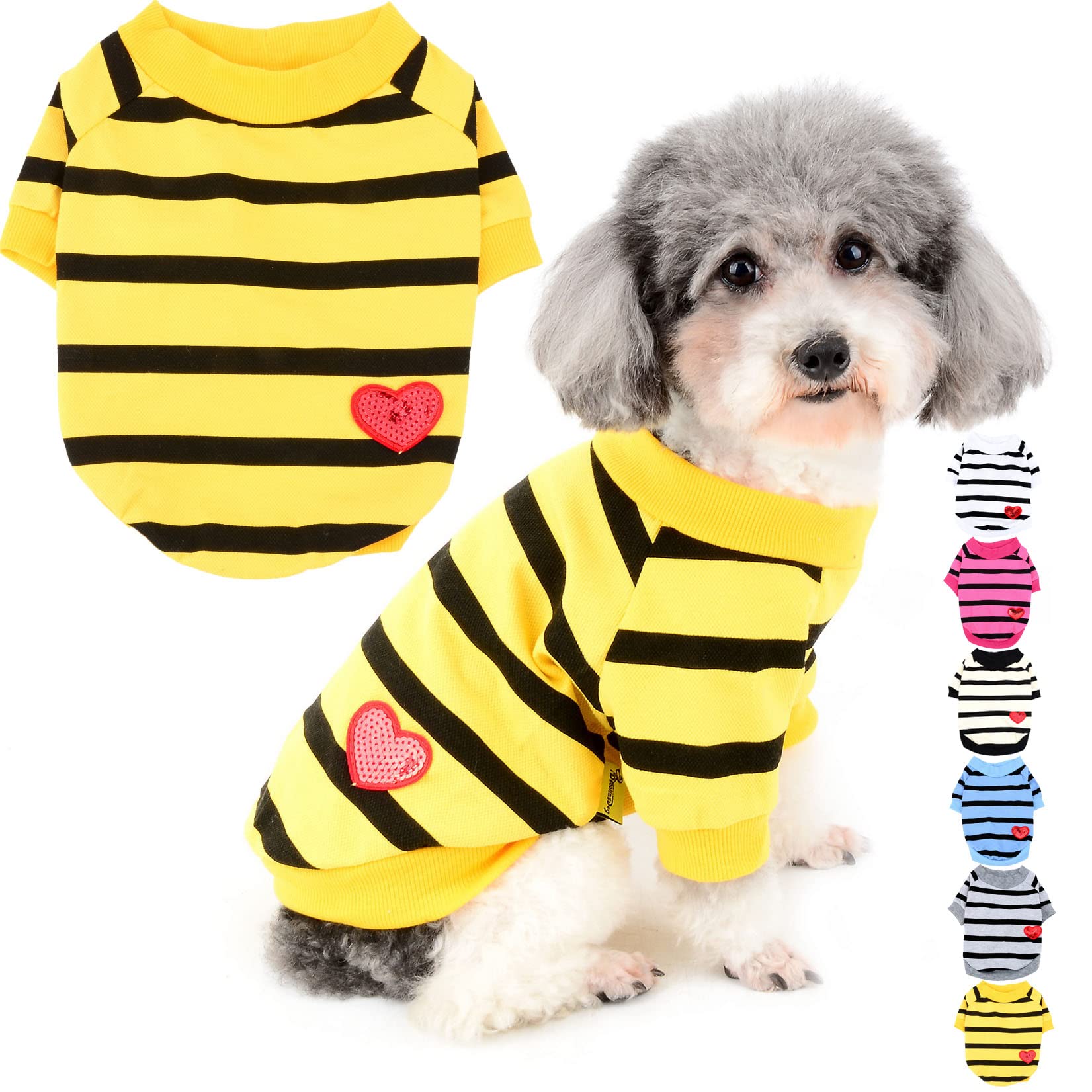 Zunea Dog Shirts for Small Dogs Summer Basic T-Shirt Striped Puppy Clothes Sequins Love Heart Sweatshirt Soft Cotton Short Sleeve Tee Shirt Pet Chihuahua Pullover Apparel Darkyellow XL