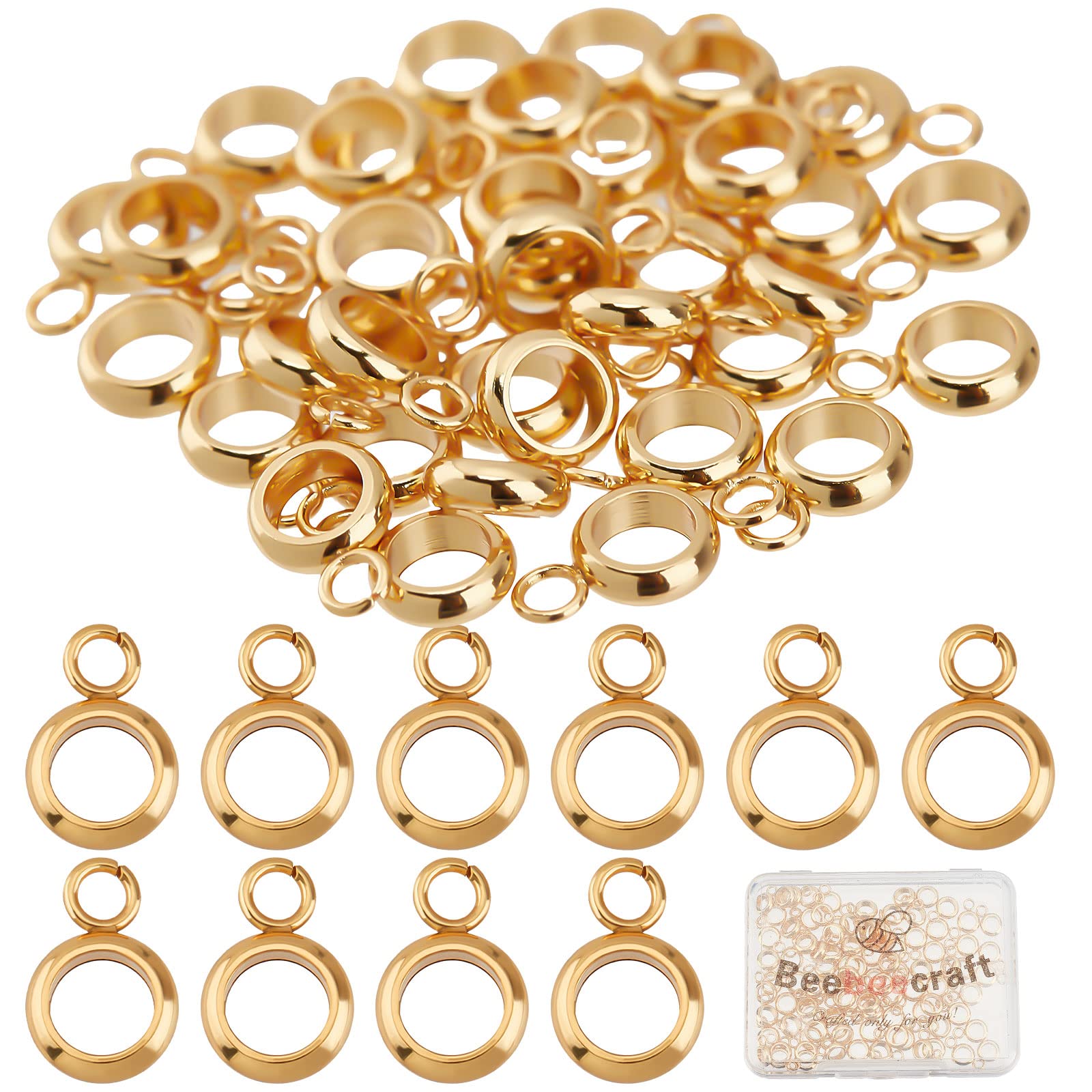 Beebeecraft 100Pcs/Box Hanger Links 18K Gold Plated Ring Bail Beads Hanger Dangle Connector Links with 1.8mm for Bracelet Necklace Jewellery Making Supplies