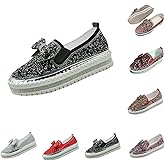 AngryMonkey Women's Rhinestones Glitter Slip On Sneakers,Cute Bow Comfort Platform Walking Flat Loafer Stitch Casual Shoes