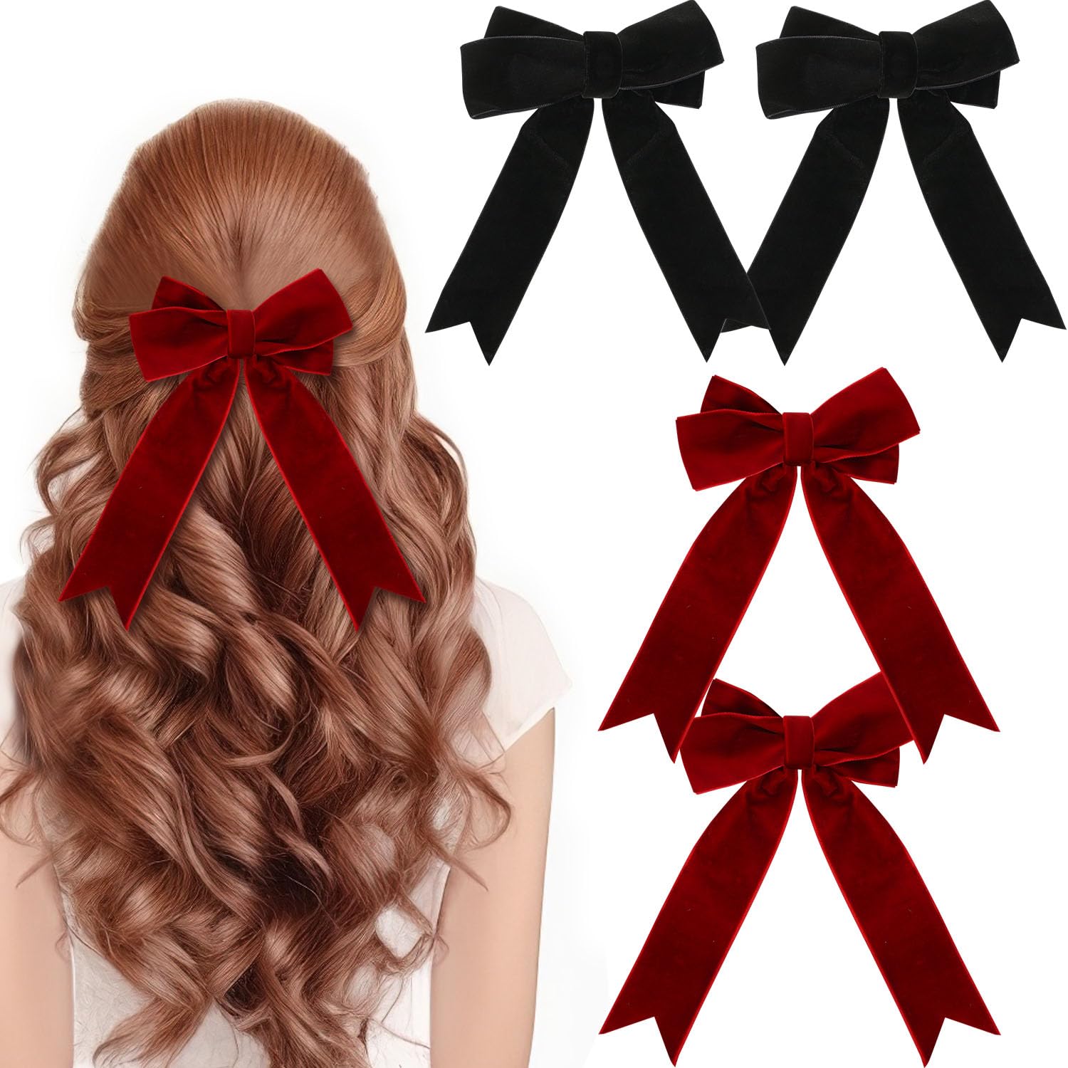 Velvet Bow Hair Clip for Girls，UHOMENY 4PCS Vintage Hair Bows Hair Barrette Big Bow Long Ribbon Hair pins Black Red Velvet Bow Hair Accessories for Girls Women