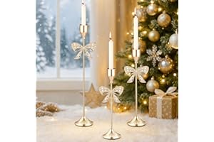 Ziliny 3 Pcs Christmas Bow Taper Candle Holders, 3 Size Gold Christmas Candlestick Holders, Xmas Candle Holder Vintage Decorative for Table Centerpiece Mantel Decor Holiday Housewarming Gifts
