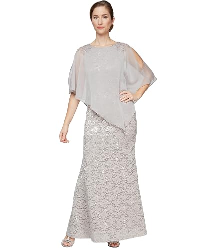 S.L. Fashions Women's Short Sheath Capelet Gown with Asymmetric Overlay, Mother of the Bride Dress, (Petite and Regular Sizes), Aubergine, 14P : Clothing, Shoes & Jewelry