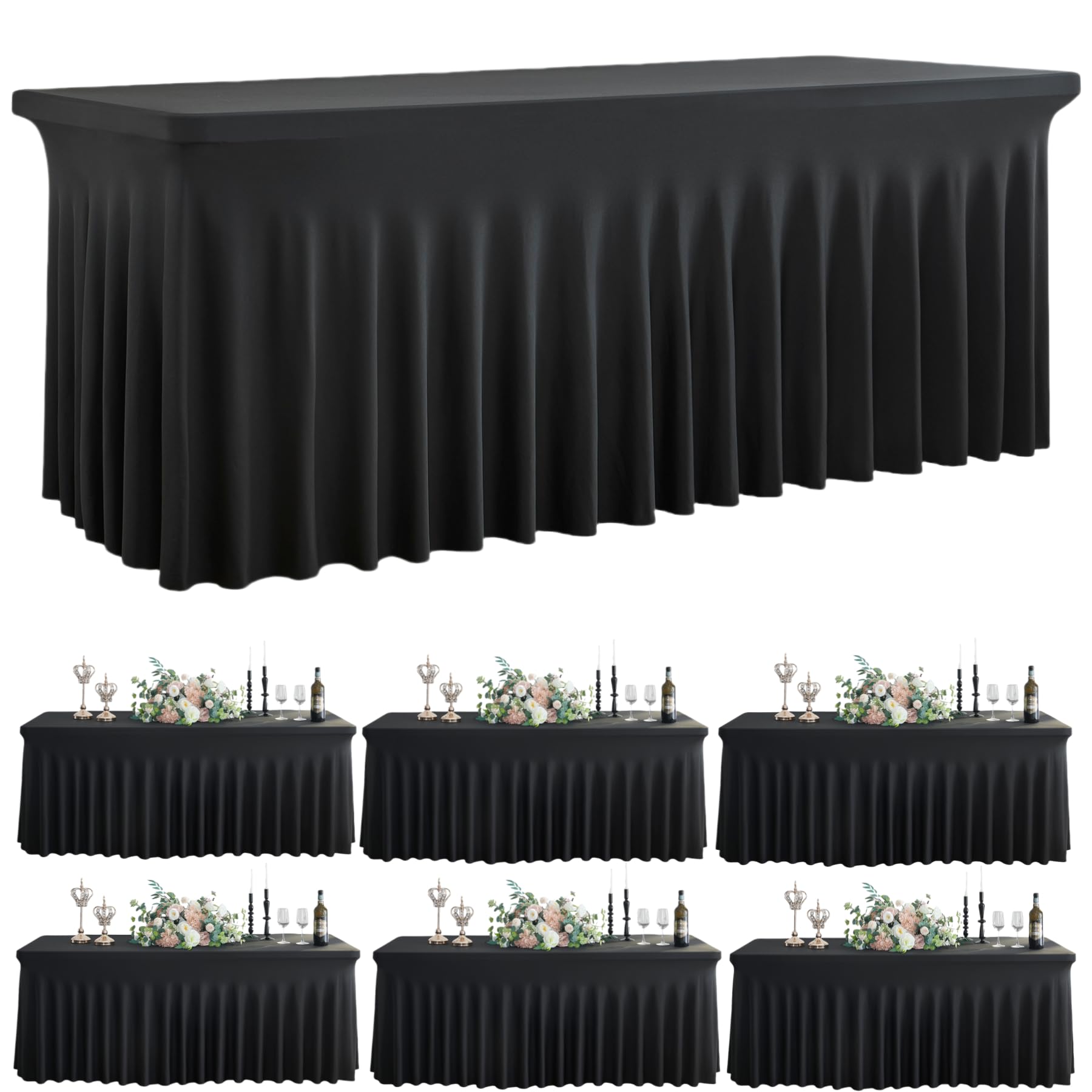 Photo 1 of Outpain Wrinke Free Spandex Tablecloth for 6 Foot Rectangle Tables, 6 Pack Black Fitted Table Cloths 6ft Stretchy Banquet Table Clothes Cover Desk Skirt for Birthday Wedding Parties Baby Shower