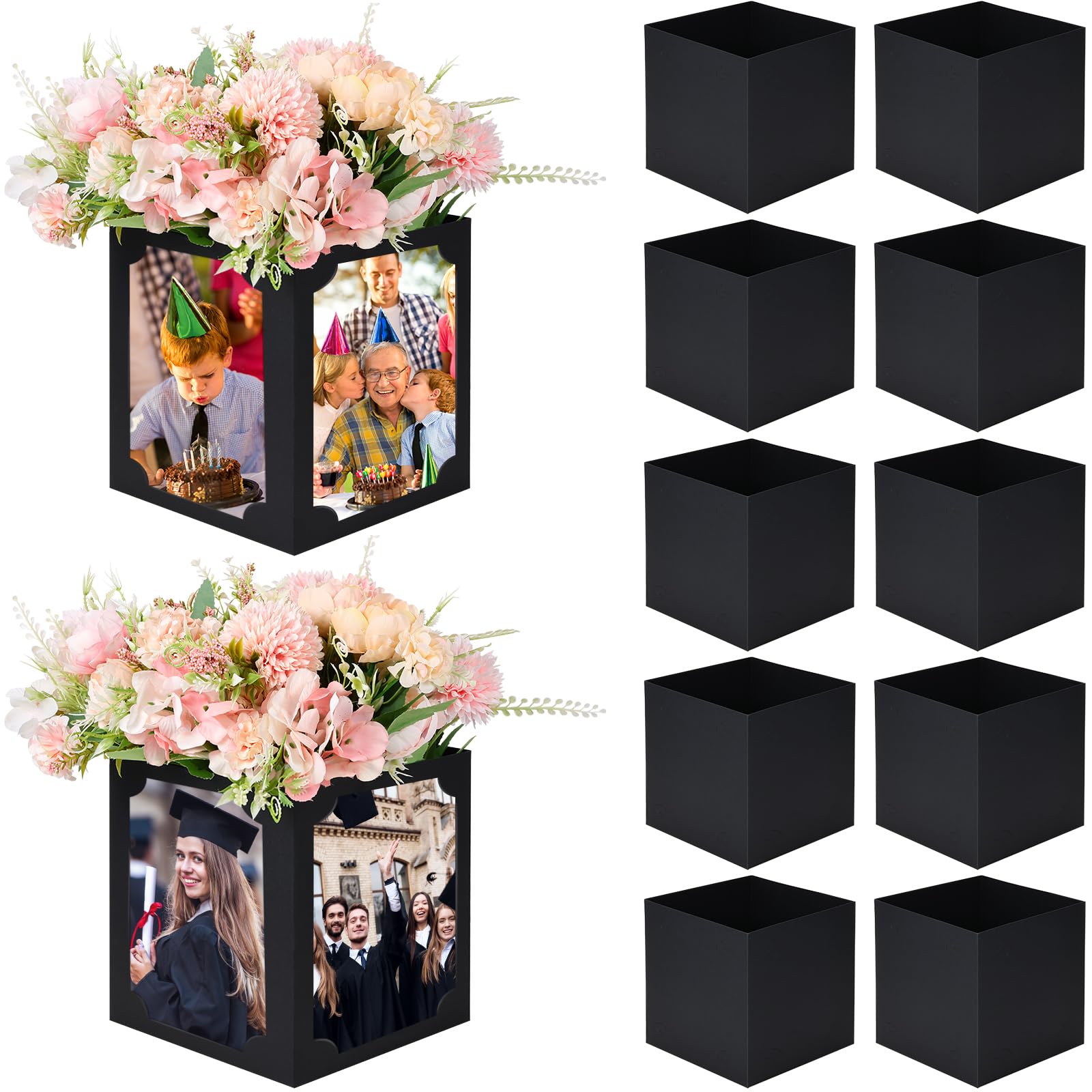 Photo 1 of Tongnian 12 Pcs Picture Centerpieces for Table - 6/7 Inch Photo Display Frame & Hollow Picture Props Box for Congrats Grad Decor, Wedding, Birthday Party Table Decoration (Black)