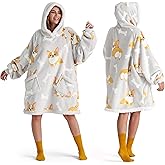 Bedsure Wearable Blanket Hoodie, Sherpa Hooded Blanket Printed for Adult & Kids as Gifts for Women, Mom Gifts Sherpa Hoodie, Standard, Corgi, Silver Grey