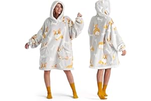 Bedsure Wearable Blanket Hoodie, Sherpa Hooded Blanket Printed for Adult & Kids as Gifts for Women, Mom Gifts Sherpa Hoodie, Standard, Corgi, Silver Grey