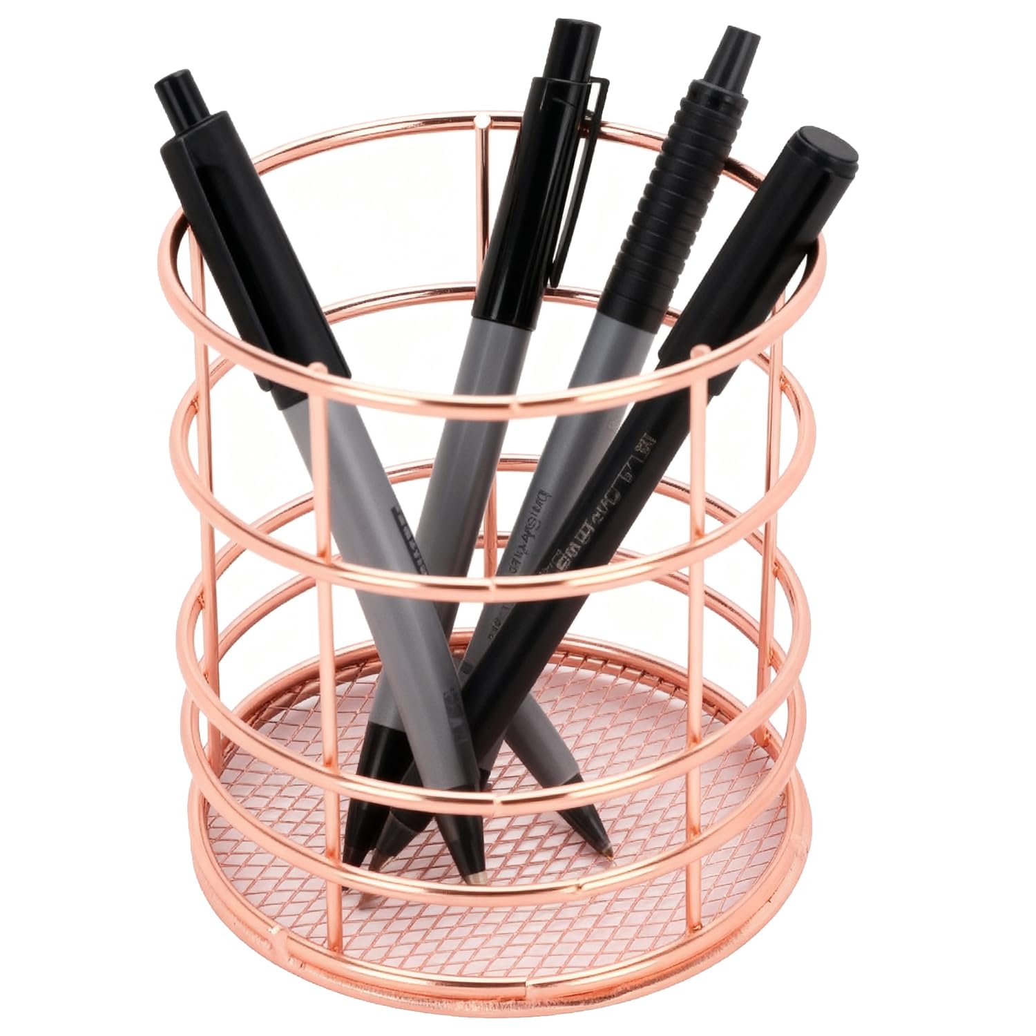 Desk Pen Cup Holder Rose Gold Pencil Holder Openwork Round Wire Metal Desk Organizer Pen Container Pot Stationery Storage Holder Basket for Office Home School Classroom