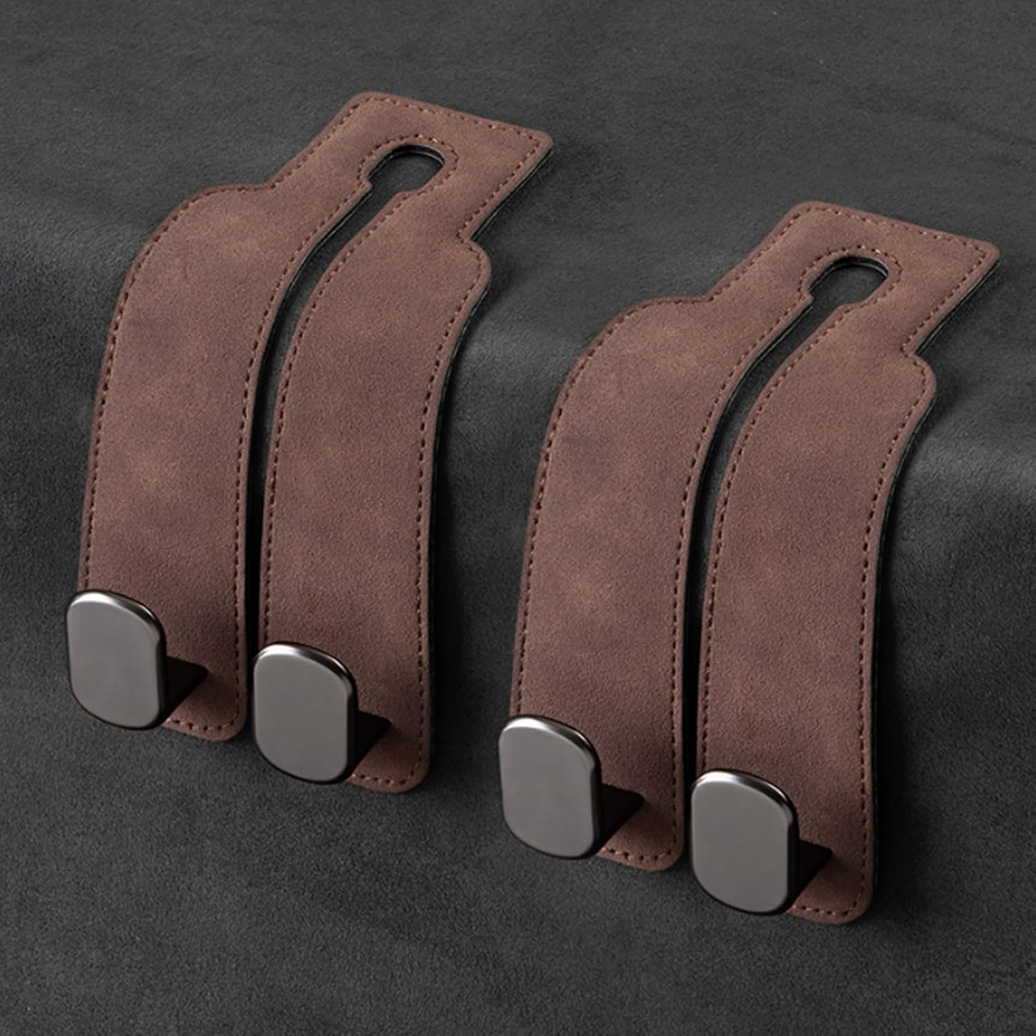 Photo 1 of DECOAIRCON 2 Pack Car Hooks for Headrest, Headrest Hooks Car Purse Hook Car Seat Back Storage Hook Premium Leather Car Seat Holder for Headrest Purses and Bags (Brown)