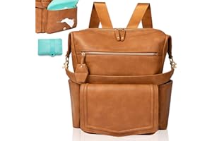 MOMINSIDE Diaper Bag Backpack with 14 Pockets, Leather Baby Bag, Convertible Boho Backpack, 6 Bottle Pockets, Wipes Pouch