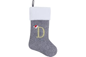 Chisander 20 Inches Grey with White Super Soft Plush Christmas Stockings Personalized Embroidered Monogrammed Xmas Stocking Hanging Ornaments for Family Holiday Xmas Party Decorations（Letter D）