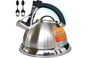 Whistling Tea Kettle with iCool - Handle, Surgical Stainless Steel Teapot for Stovetop, 2 FREE Infusers Included, 3 Quart by Pykal