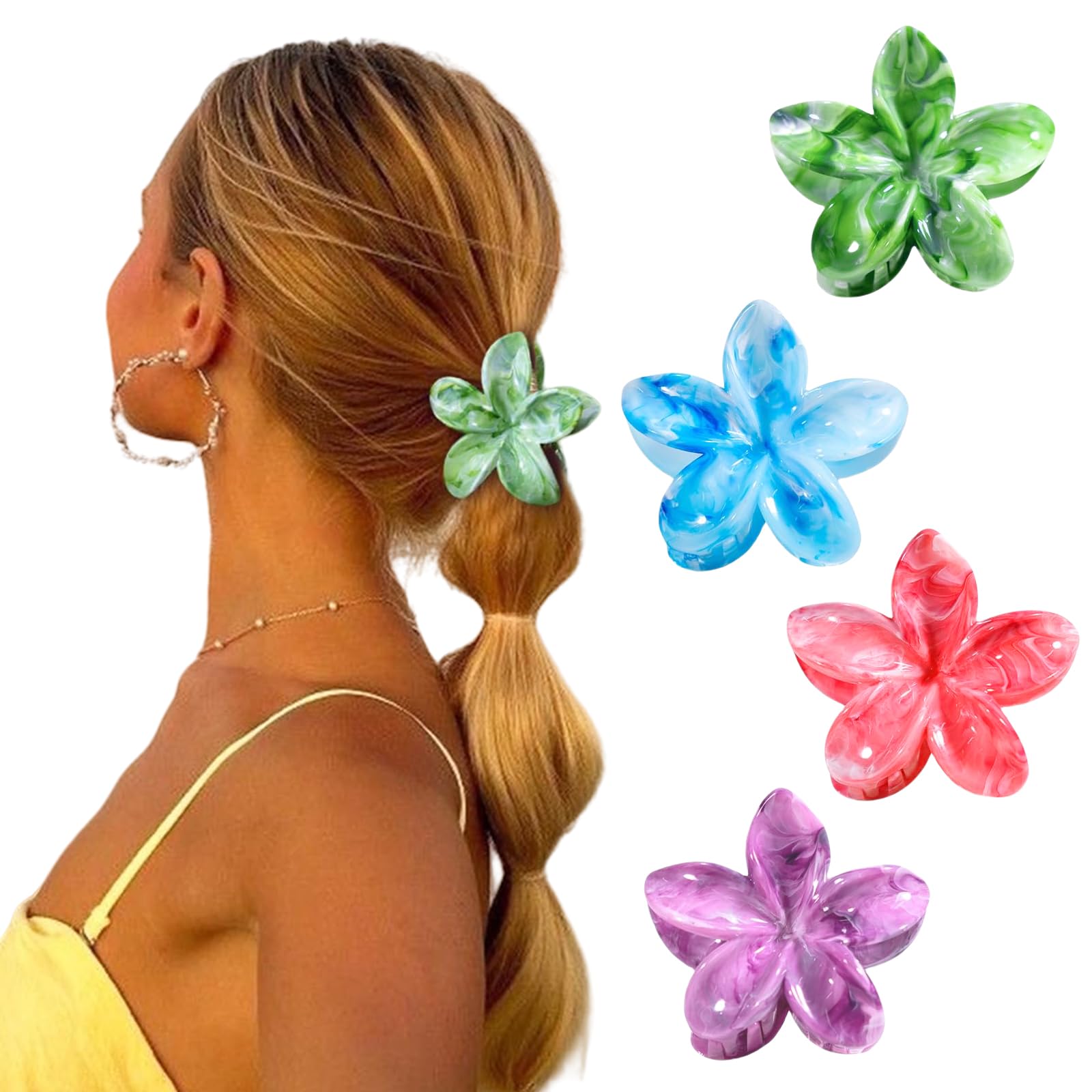 Yeomju Flower Hair Clips, Pack of 4, Hawaii Plumeria Flowers Hair Claw, Artistic Multicoloured Smudging Pattern Hair Clips, Hair Accessories for Women and Girls