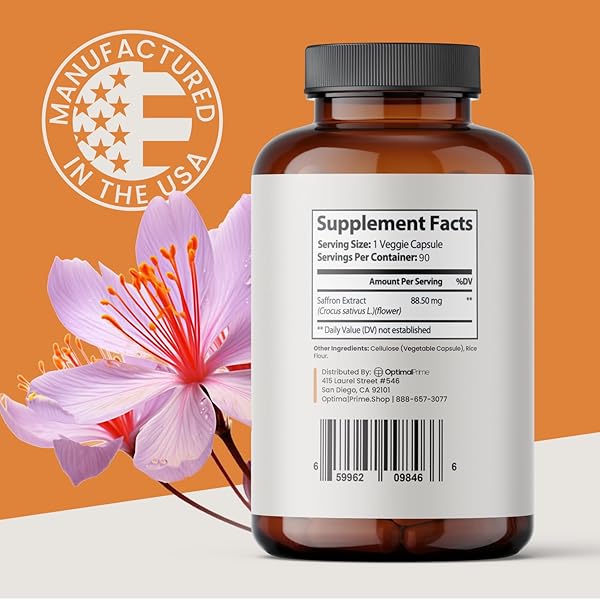 OPTIMAL PRIME SAFFRON SUPPLEMENT – 100% PURE SAFFRON EXTRACT 88.5MG – HELPS SUPPORT OPTIMAL MOOD, ENERGY, AND METABOLISM, VEGETARIAN FRIENDLY, NON-GMO, GLUTEN-FREE, SOY-FREE, 90 CAPSULES