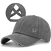 Criss Cross Ponytail Hat Women Washed Distressed Baseball Caps Adjustable High Messy Bun Ponycap